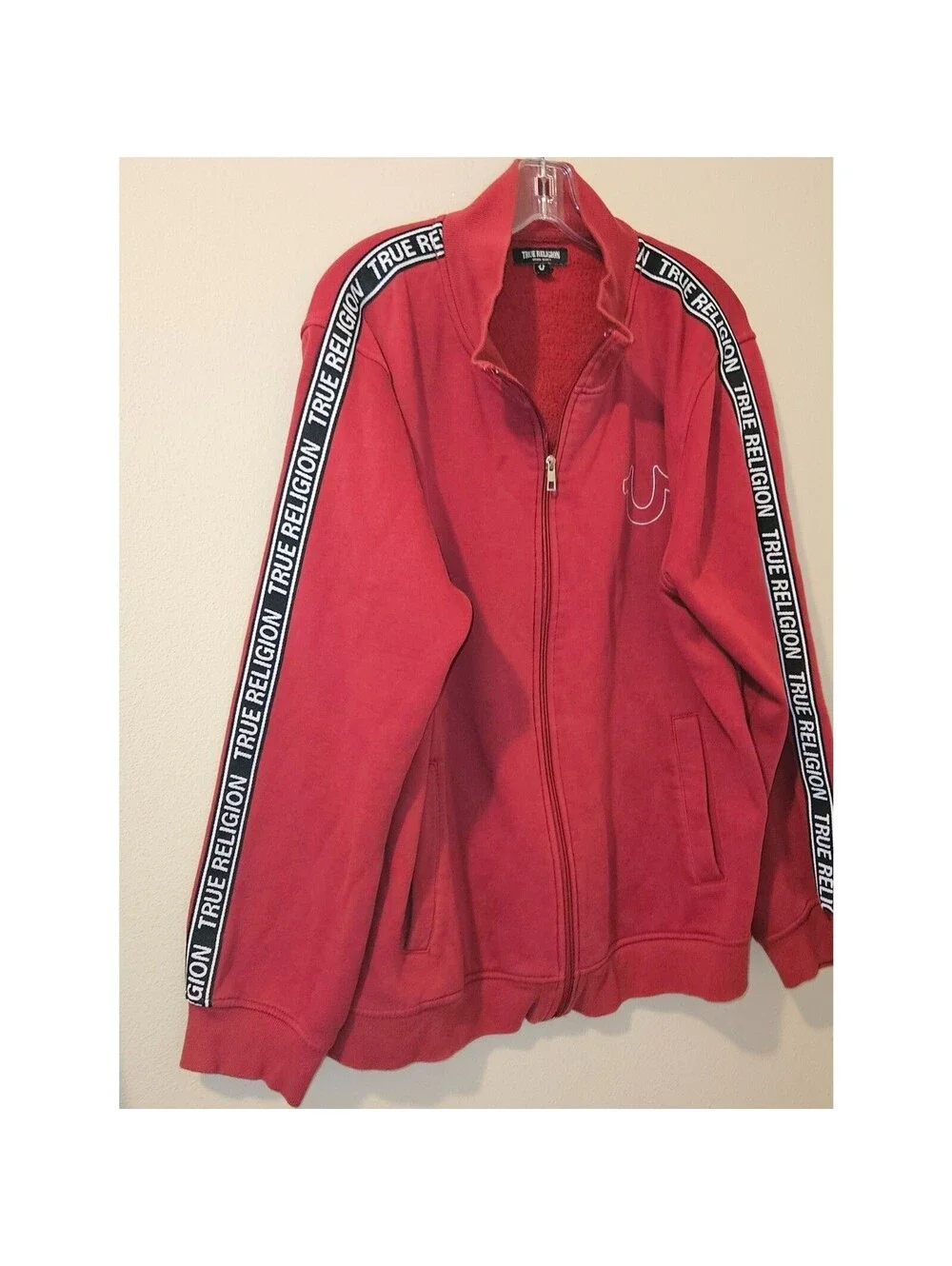 True Religion Men's XL Red Full Zip Fleece Track Jacket Logo Tape Sleeves